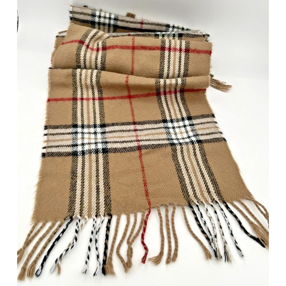 100% Cashmere Scarf Beige Check Plaid Long Rectangular Unisex Winter Luxury